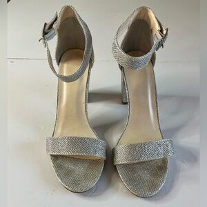 DB Studio Silver Glitter Block Heel Ankle Strap Sandals Size 7